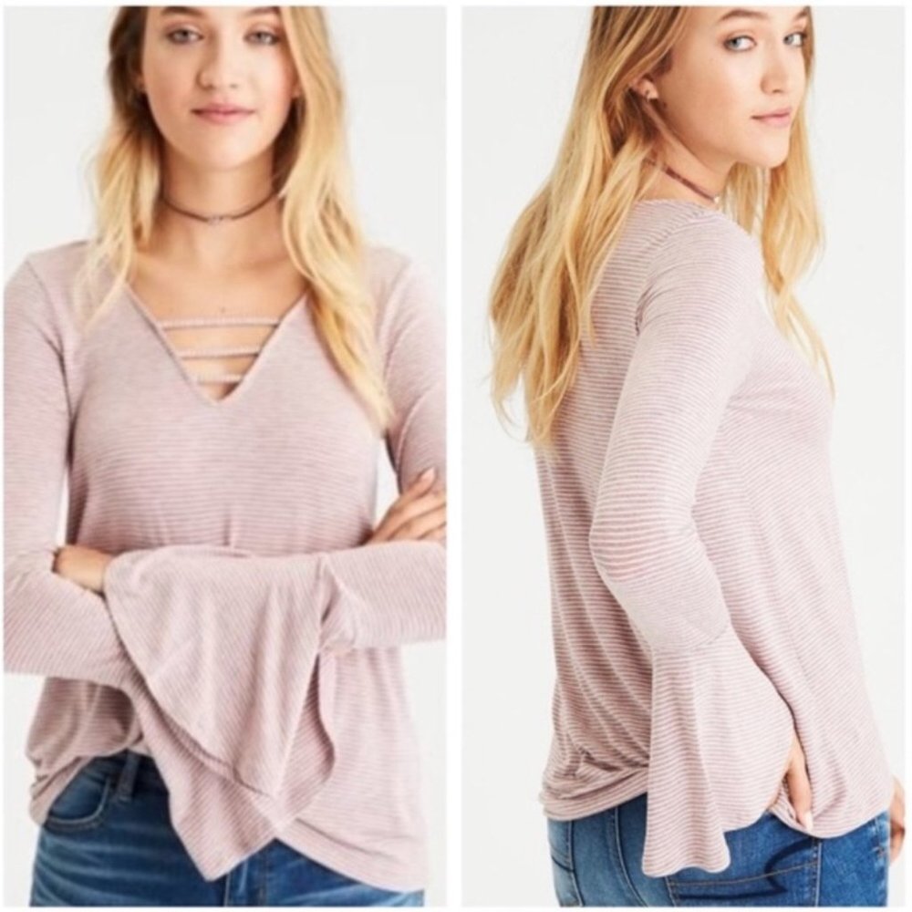 AMERICAN EAGLE Soft & Sexy Stripe Bell Sleeve Strappy Front Top Size Medium